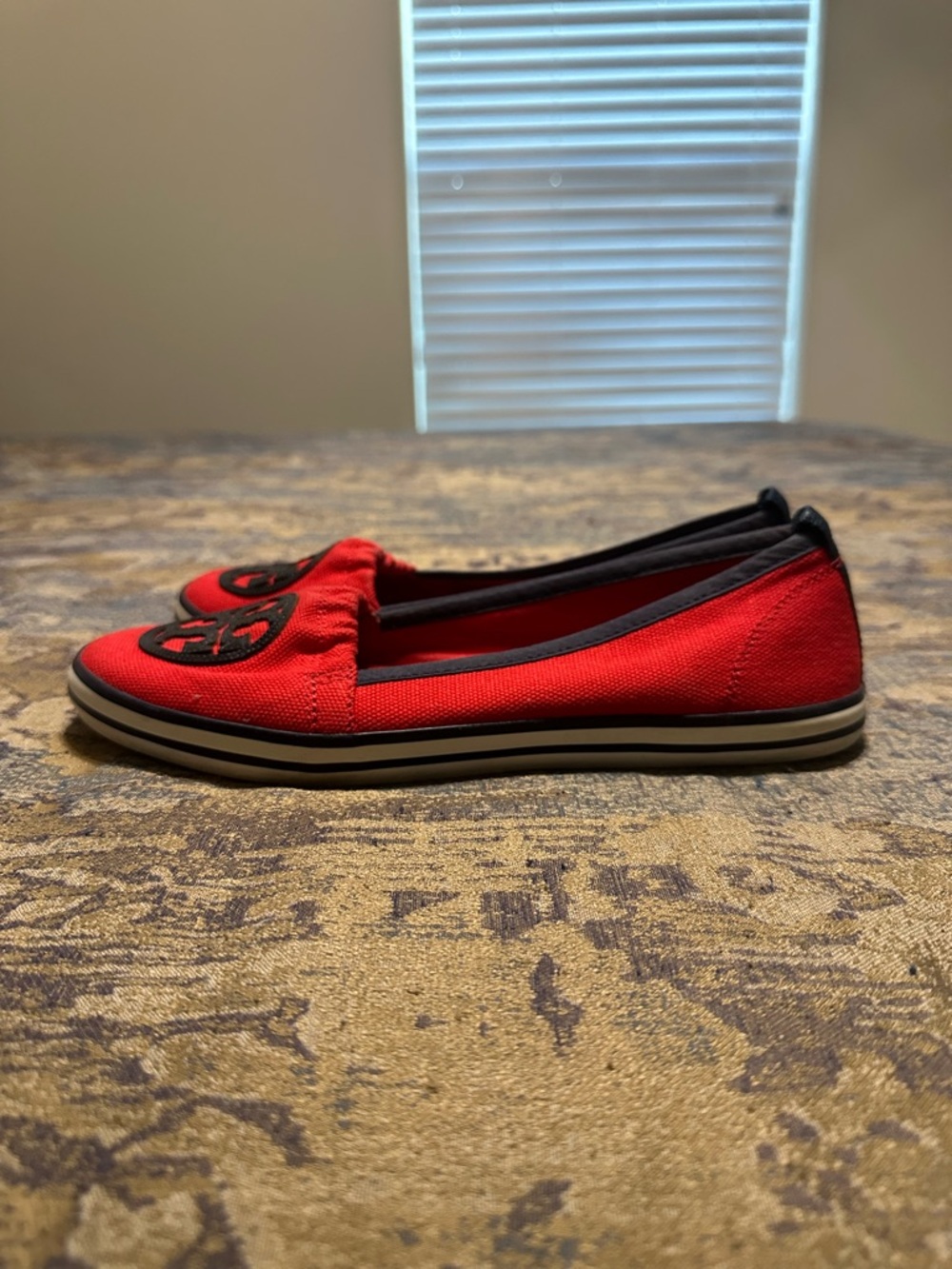 Tory Burch Red Canvas Logo Slip-On Loafers - Picture 3 of 6